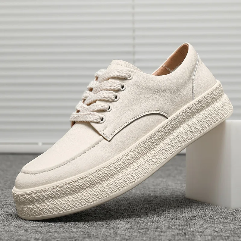 

2024 New Cow Leather Men's Small White Shoes Hand-stitched White Sneakers Heightened Thick-soled Casual Breathable Single Shoes