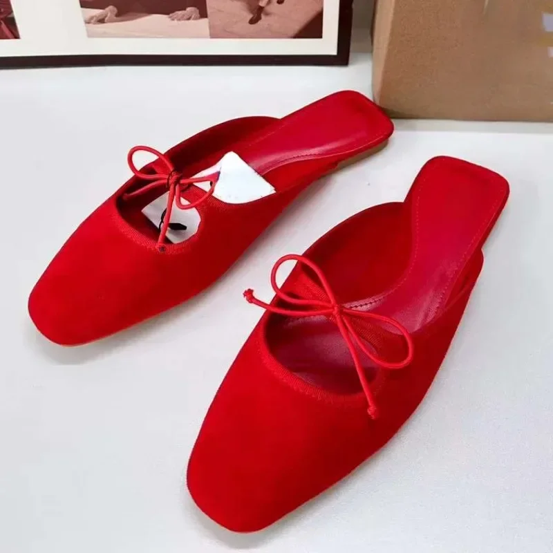 Summer Slingbacks Flat Ladies Designer Sandals Versatile Bow Suqare Toe Casual Light Slip-on Brand Chic Women Mules Shoes