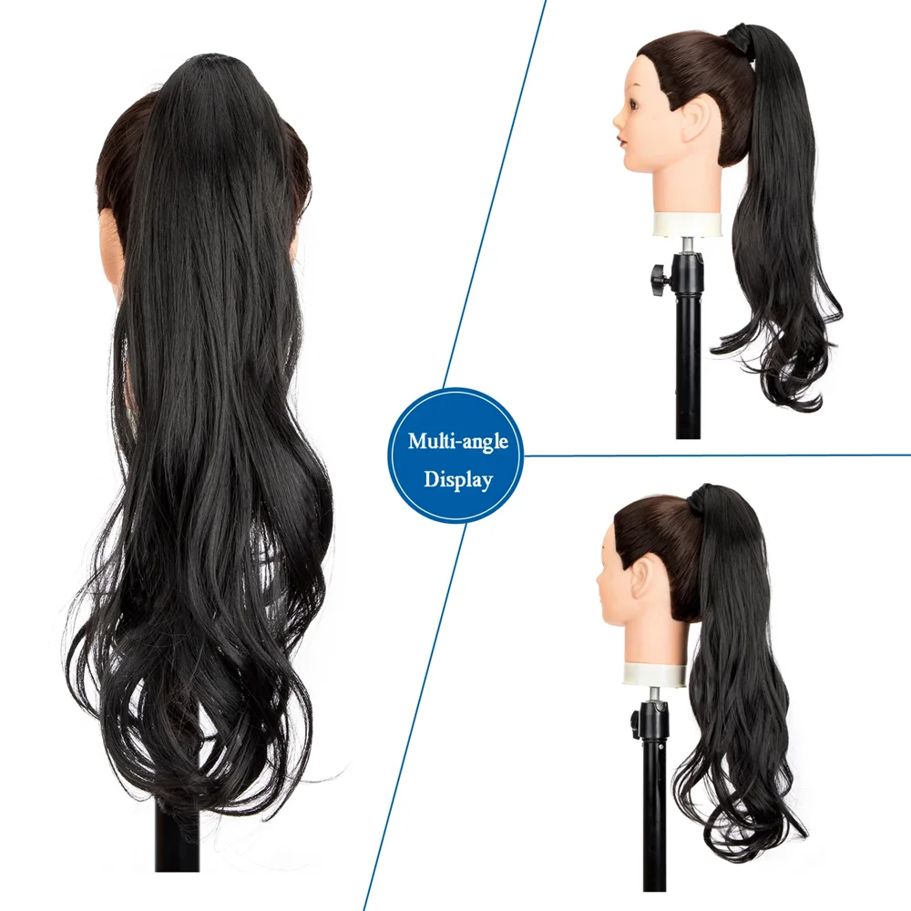 Flexible Wrap Around Ponytail Extension 32 Inch Long Curly Wavy Ponytail Black Flexible Synthetic Fake Pony Tails Hair For Women