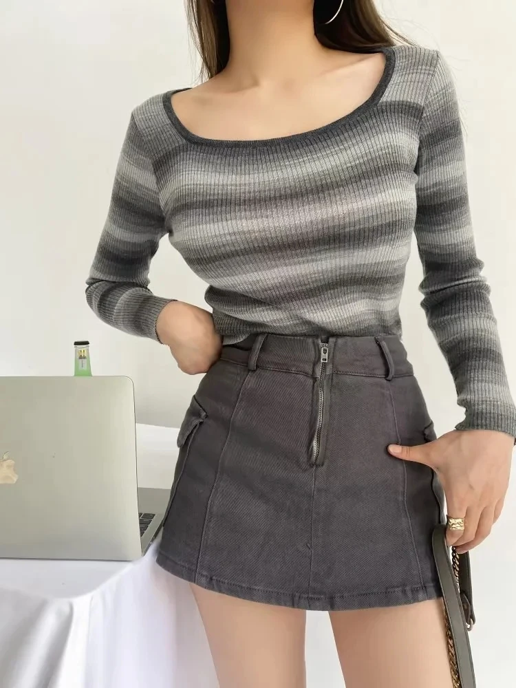 Women Viscose Square Neck Crop Knitted Top In Multi Stripe