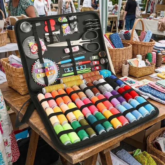 Large Portable Sewing Kit for Home, Complete Set. 20x14cm, with Threads, Needles, Scissors, Compact