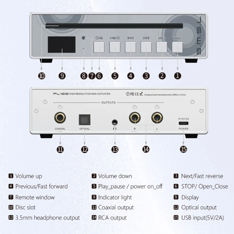 SMSL PL100 CS43131 Chip CD Player Output Power 30&Omega; 60mW RCA /3.5mm/Coaxial/Optical with Remote Control