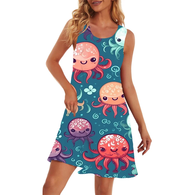 

Hawaiian Lady Sexy Dress 3D Octopus Printed Graphic Mini -dressing Skirt Summer Fashion Ladies Dress New Street Women's Clothing