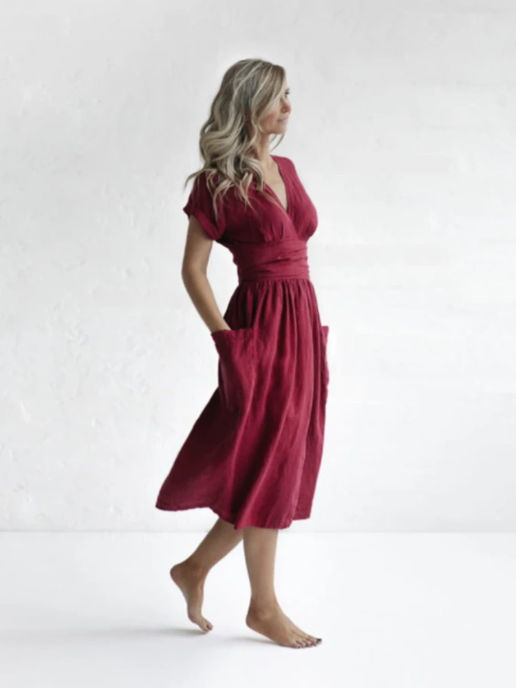 

2023 Summer New Women's Dress Fashion Retro Cotton Linen Short Sleeve Lace Up Waist V-neck Pocket Large Swing Fork Women's Dress