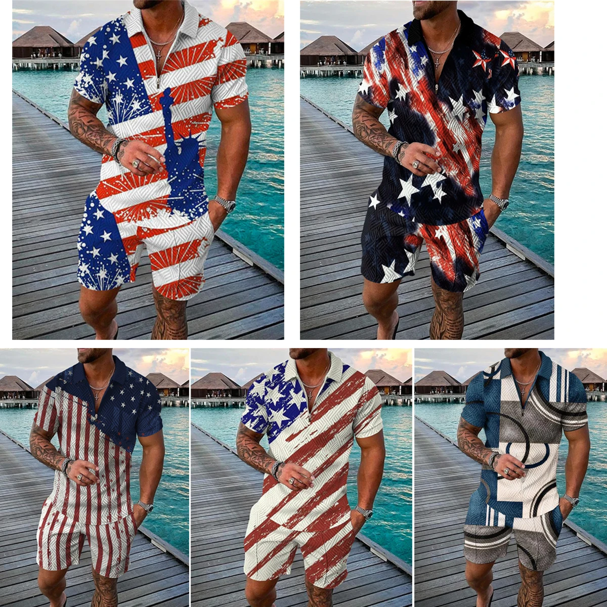 

Мужской спортивный костюм, Повседневная рубашка-поло на молнии с короткими рукавами и шорты на День Независимости, мужская повседневная Уличная одежда, костюм из 2 предметов
