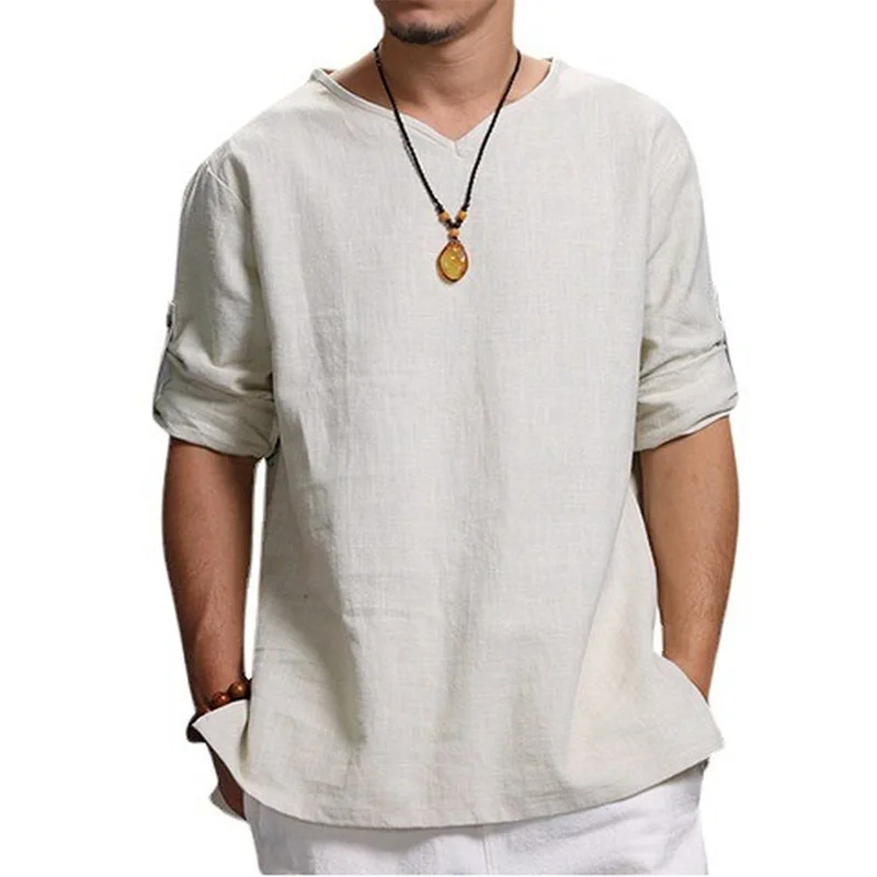 

2022 Pullover Cotton Hemp Solid Color Men's Shirt New Autumn Three Quarter Sleeve Shirts for Men Camisa Casual Hombre