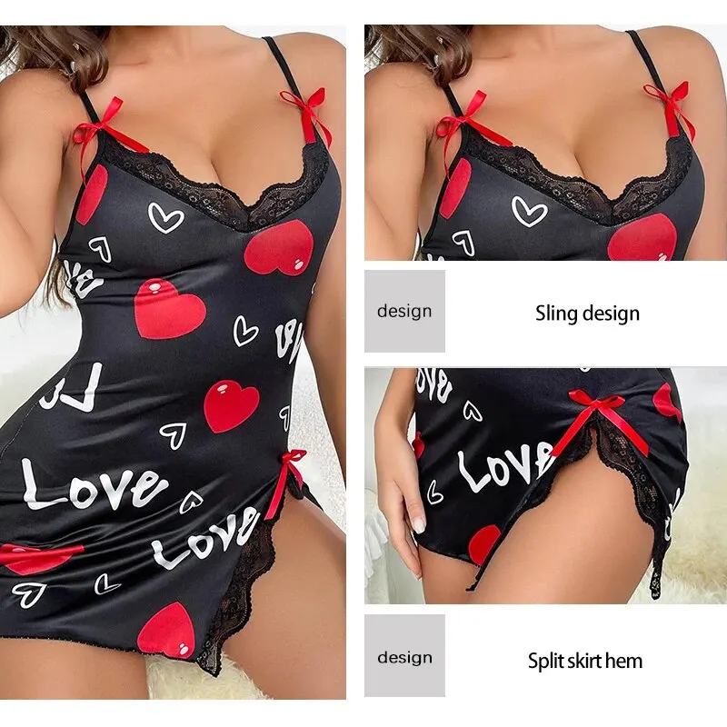Women Pajamas Sling Dress Lace Edge V-Neck Side Split Printed Sleepwear Home women nightgowns women nightdresses women pajamas sleeping dress