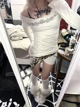 Y2k Gothic Print T-shirt Trashy 2000s Style Long Sleeve Tops Vintage Harajuku Streetwear American Retro T-shirts 1
