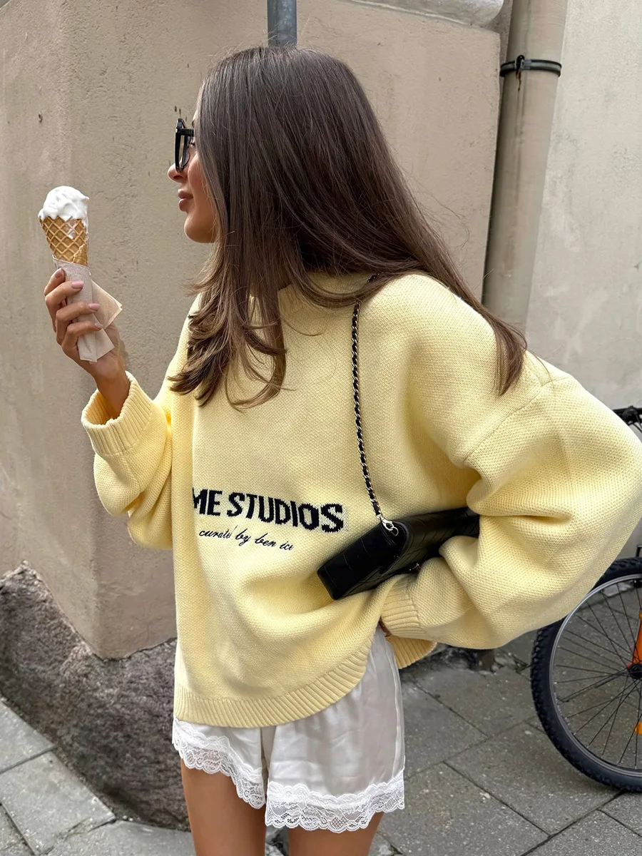 Bornladies New Women's Knit Pullover Sweater Loose Fit Lazy Style Embroidery Design Crew Neck Yellow Color Autumn Winter Jumpers