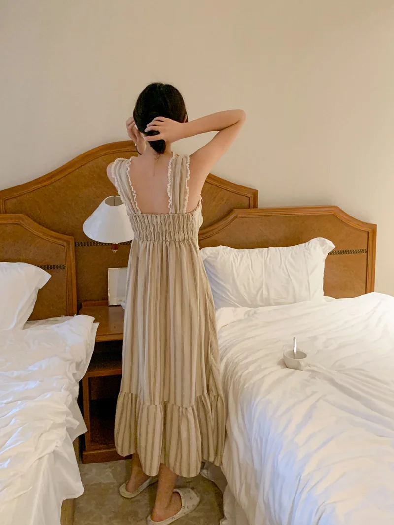 Lace Crochet Summer Nightgown Women Strapless Slash Neck Long Night Dress High Waist Elegant Backless Striped Sleepwear Cotton