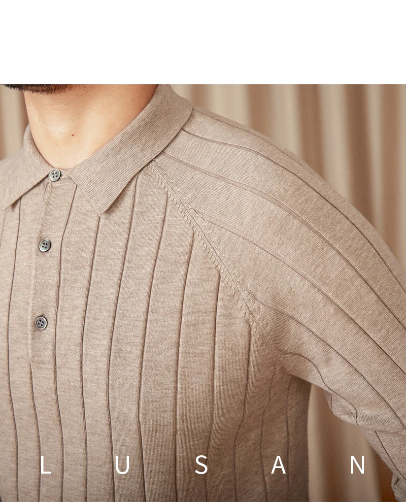 Herbst und Winter Britischer Slim-Fit-Revers-Langarm-POLO-Pullover aus dünner Wolle mit Maulbeerseide für Herren – Detail 23