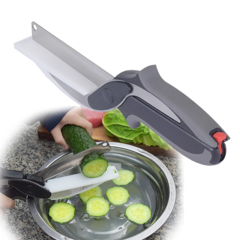 2 in 1 Food Scissor Utility Scissors Knife Board Smart Chef Stainless Steel Ourdoor Meat Potato Cheese Vegetable Kitchen Tool