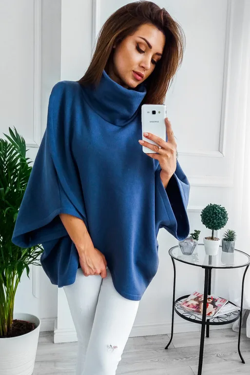 2024 Autumn Winter Thick Warm Sweatshirt Fleece Cloak Bat Sleeved High-necked Sweater Top Cape Tops Chic Wholesale Drop Shipping
