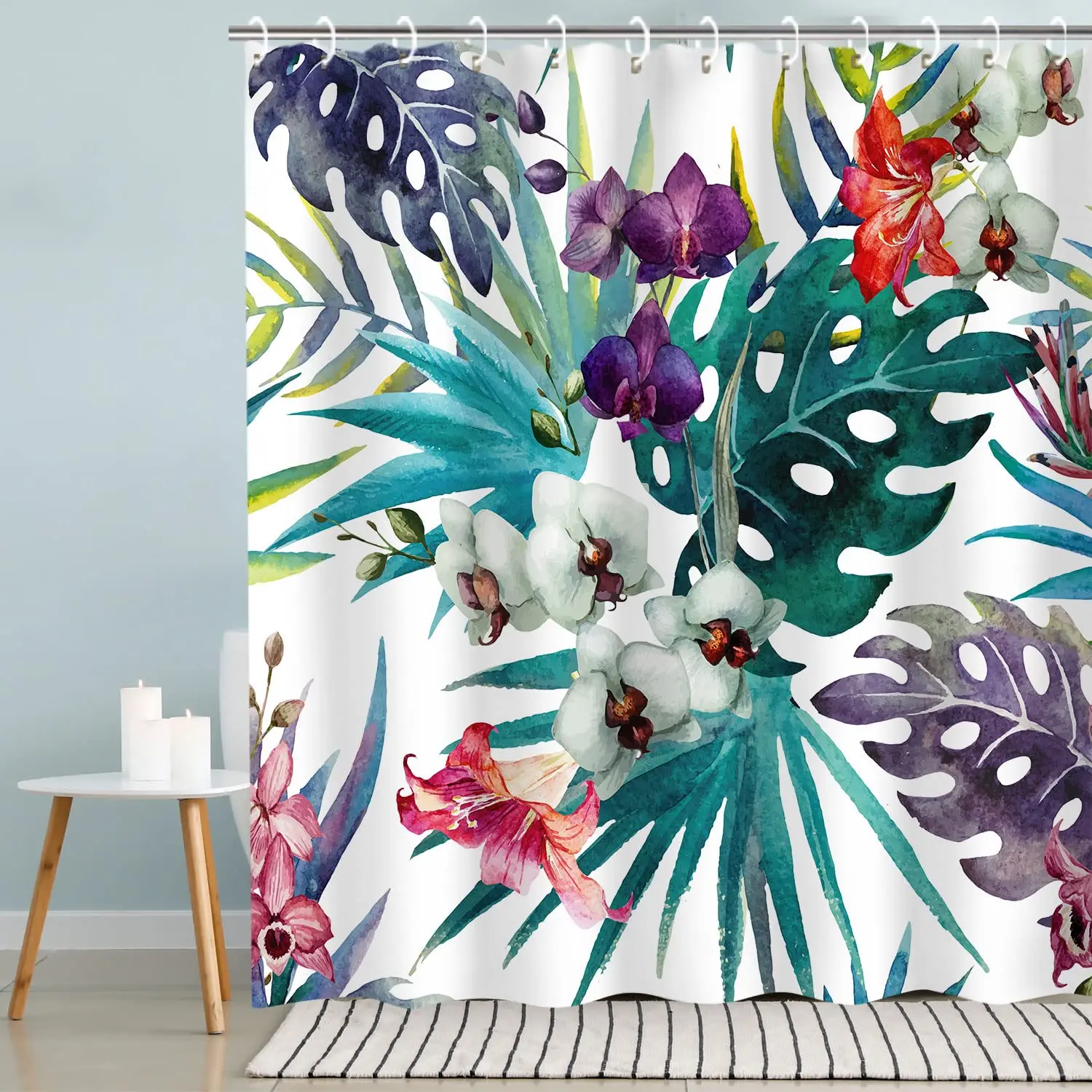 Tropical Shower Curtain Floral Shower Curtains for Bathroom Plant Curtain Dark Floral Leaf Flowers Aesthetic Bath Screen