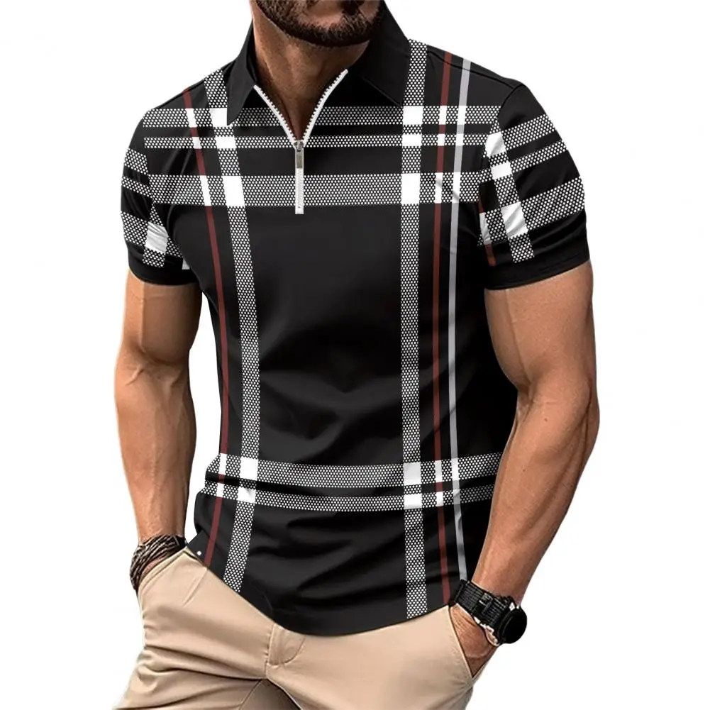 Comfortable Men Shirt Men Business Shirt Stylish Men's Summer Shirt with Lapel Zipper Plaid Striped Print Slim Fit Short for Men