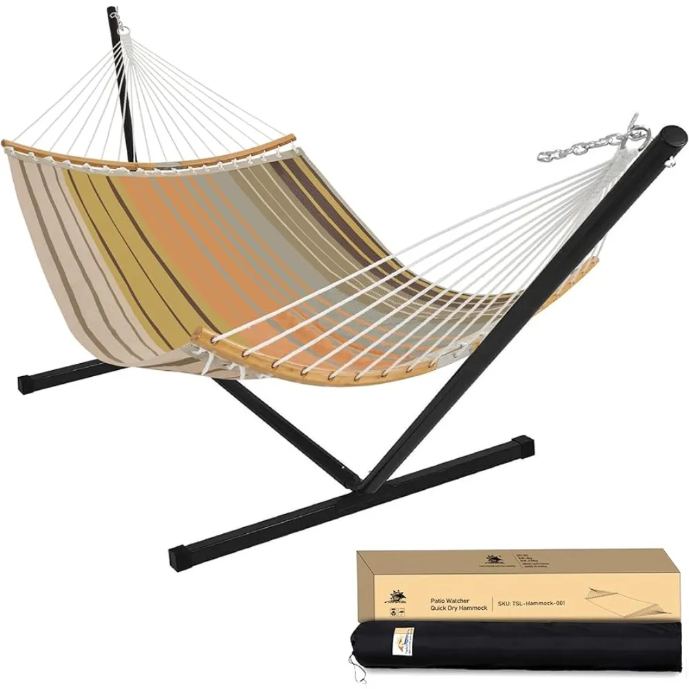 

12 FT Double Quick Dry Hammock With Curved Bamboo Spreader Bar Camping 450 Lbs Capacity Coffee Outdoor Furniture