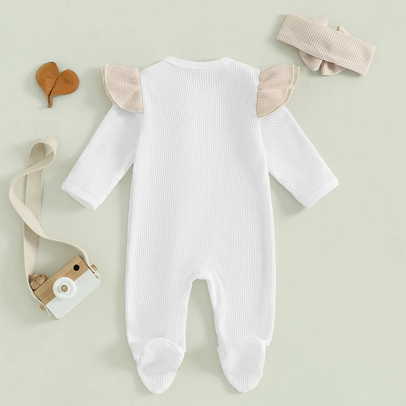 -05-11 Lioraitiin Baby Girls Outfit, Long Sleeve Crew Neck Frills Zipped Contrast Color Footies and Headband Fall Clothes