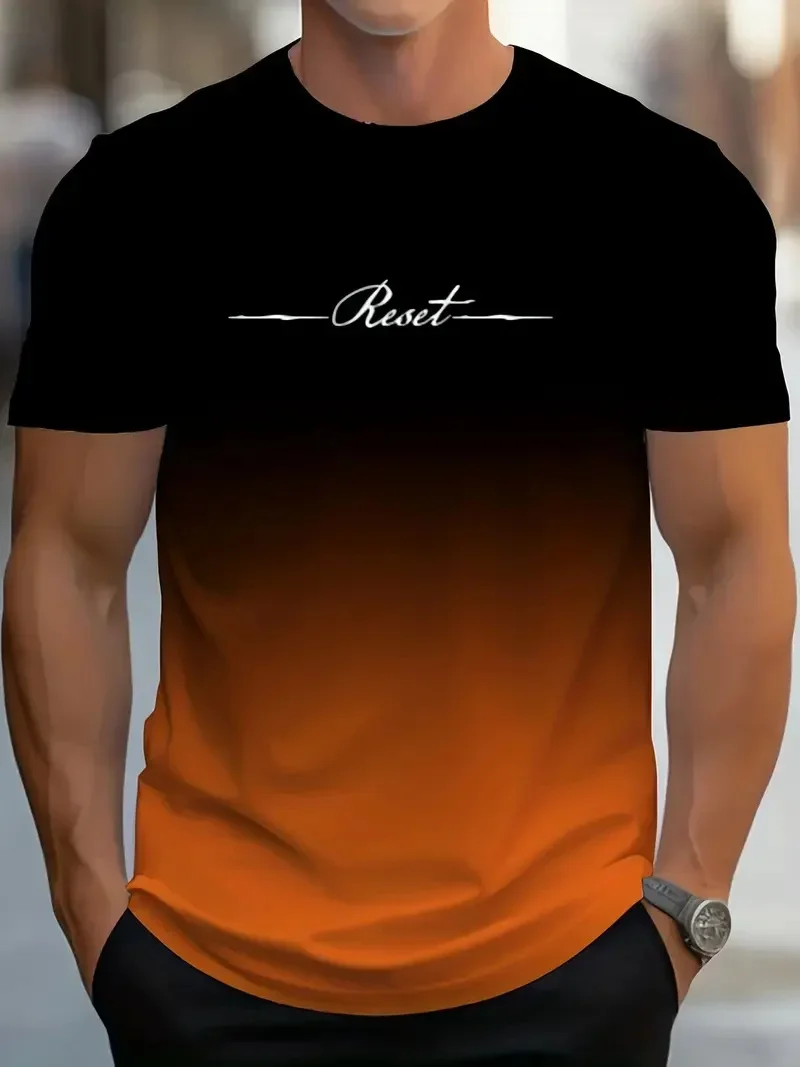Men's Gradient Reset Letter 3D Printed T-shirt Summer Outdoor Casual Sports Quick Drying Short Sleeve Top Plus Size Men Clothing 3