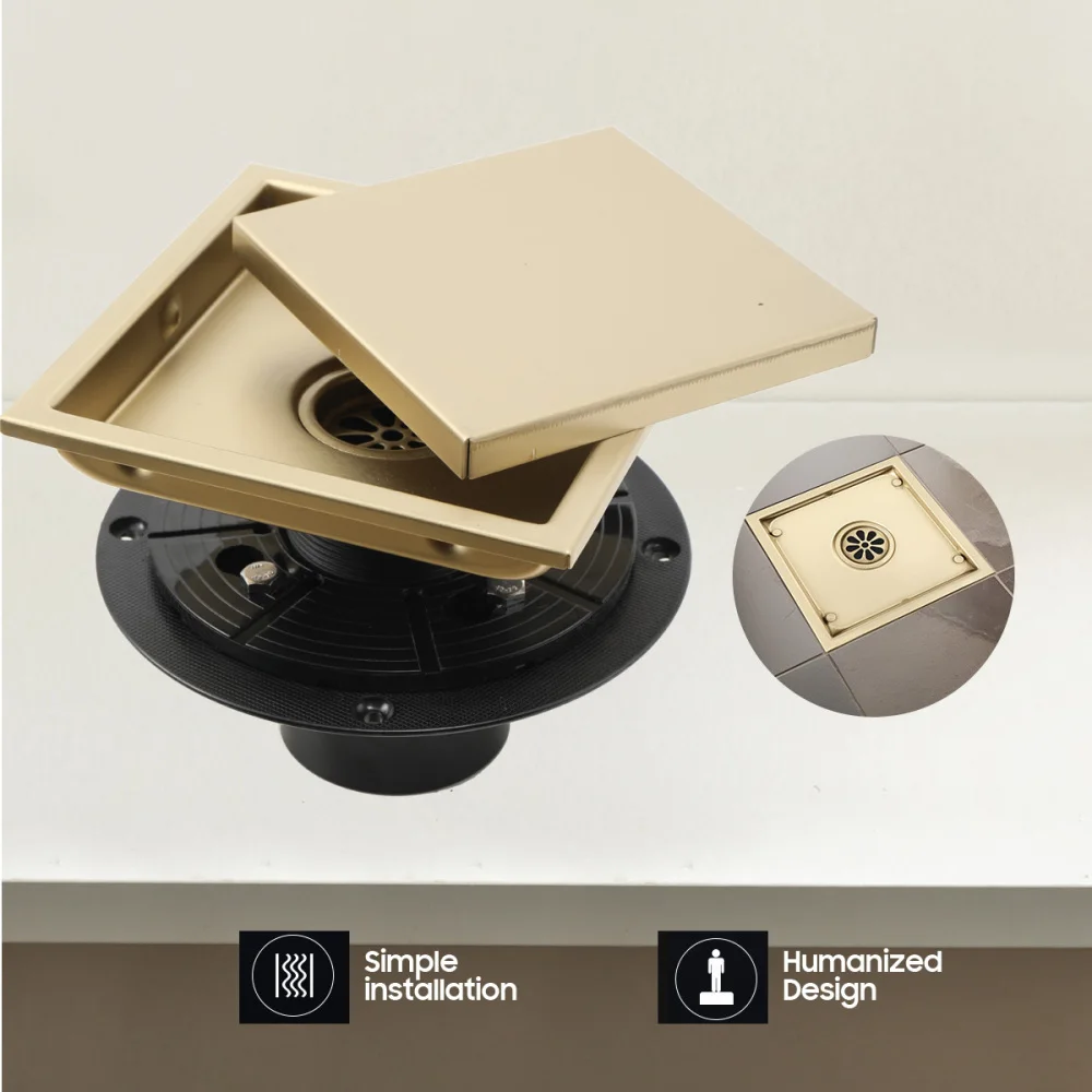 Square Shower Drain Tile Insert Anti Odor Stainless Steel Floor Drain Kit With Removable Grate Cover Hair Strainer Black Gold