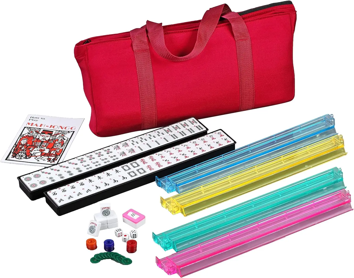 

166 Tiles American Mahjong Set in Burgundy Bag Mahjongg 4 Color Pushers & Racks