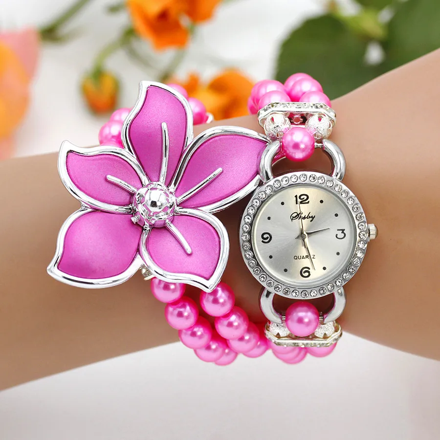 New Fashion Women Dress Watches Ladies Pearl Chain White Flower Bracciale Orologi Da Polso Al Quarzo Orologi Da Donna Con Strass
