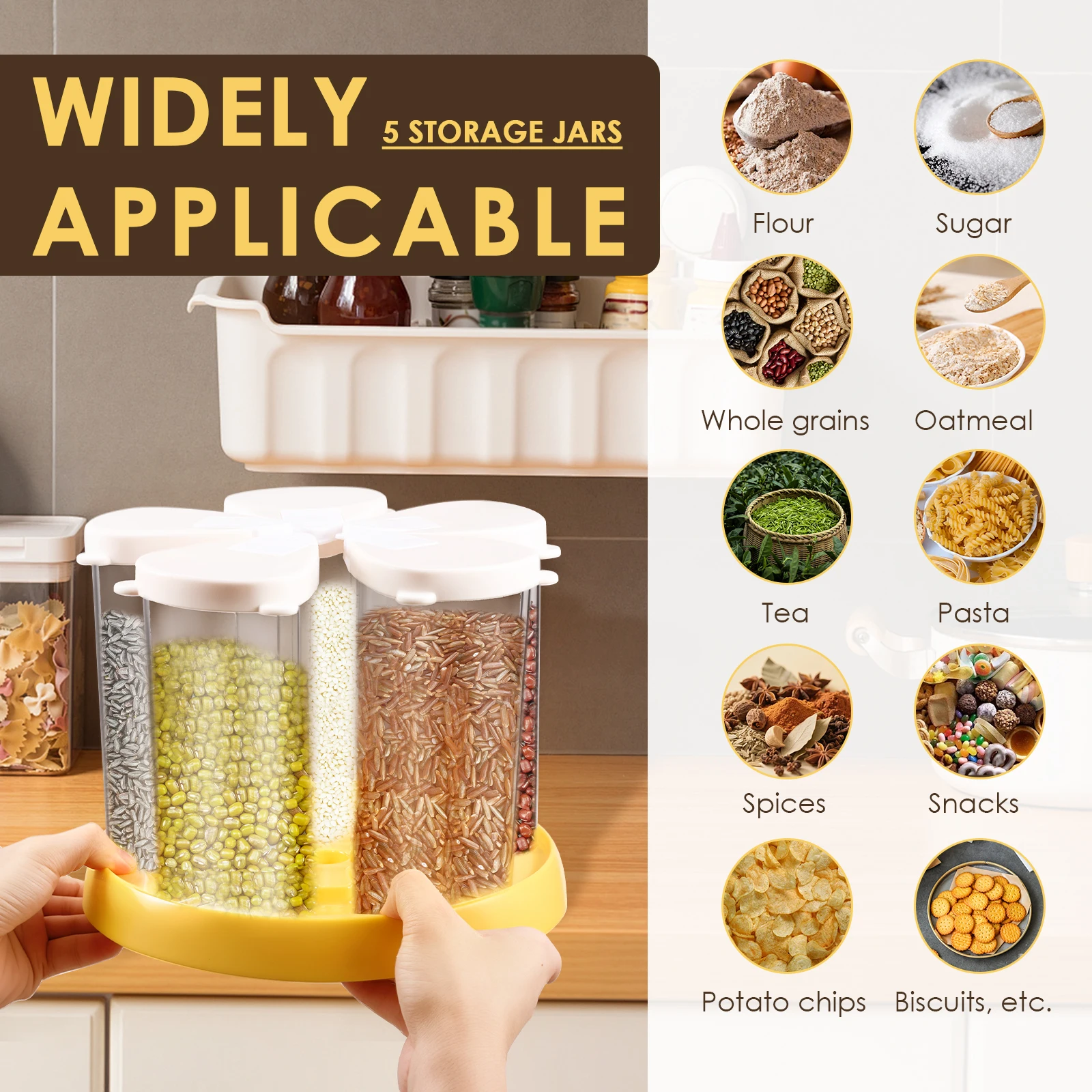 5 Grid Food Grain Storage Container Plastic Kitchen Storage Containers with 360 ° Rotating Base Transparent Grain Rice Dispenser