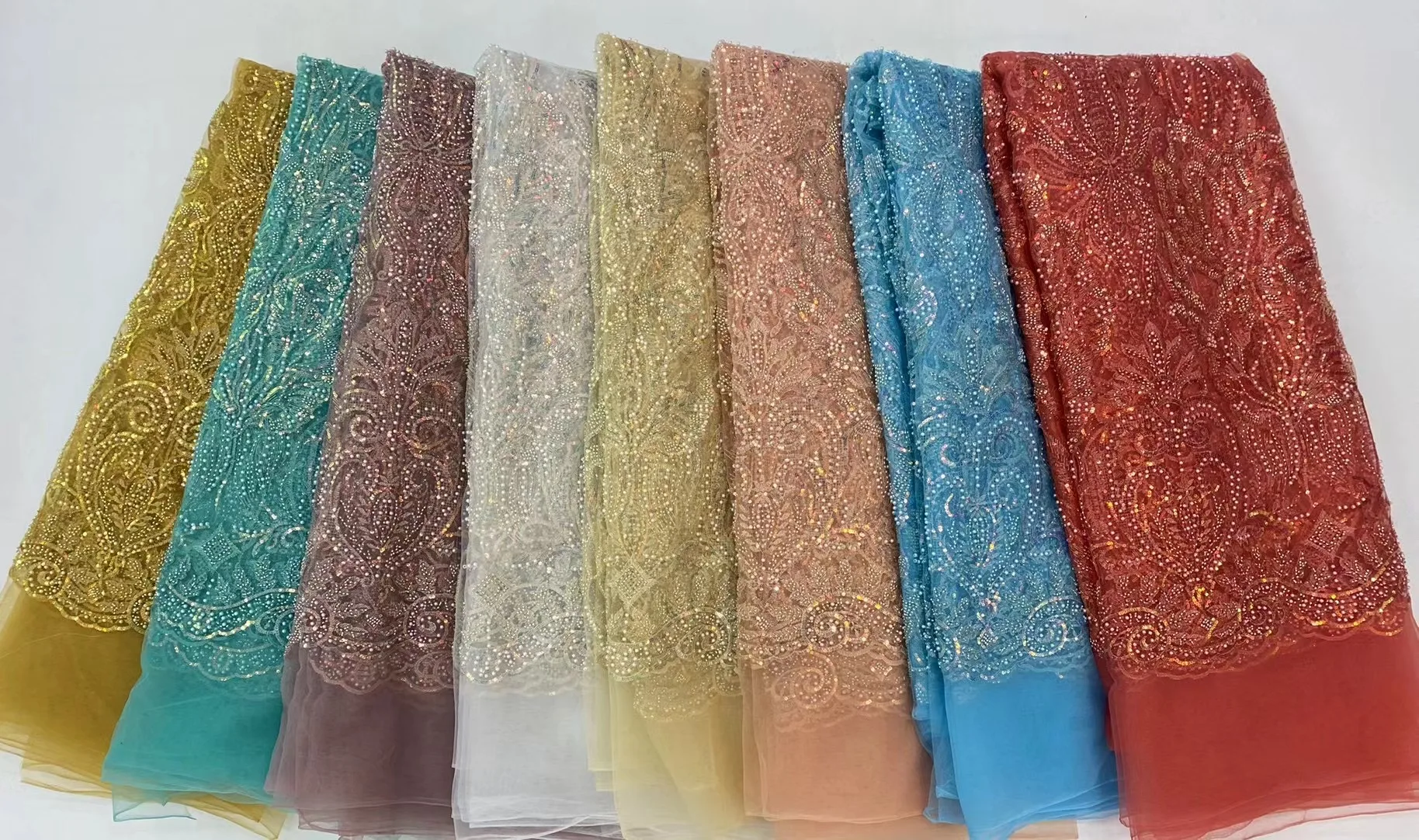 African New Arrival Luxury Sequins 5 Yards Mesh Fabric 2022 French High Quality Handmade Beaded Tulle Lace Women Dinner Dress