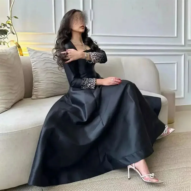 

Black Satin Saudi Arabia Women's Prom Dress 2024 Crystals Long Sleeves Ankle Length Evening Formal Party Gowns For Birthday