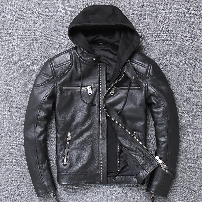 

YR!Free shipping.motor biker genuine leather jacket.New winter black cowhide coat.plus size warm jackets,sales