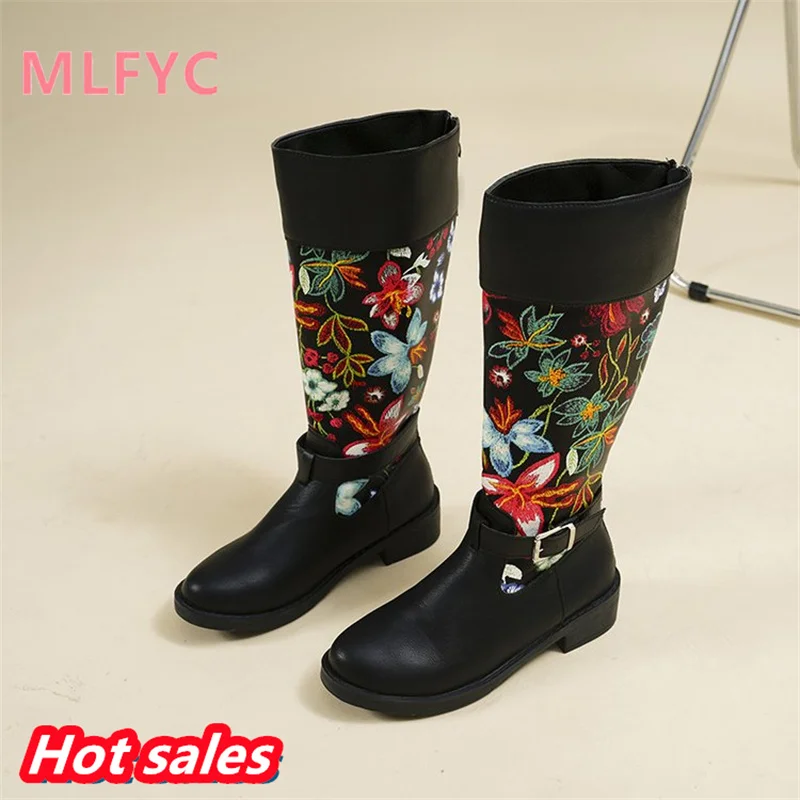 Large size patchwork vintage boots European and American winter new round head belt buckle embroidered flower mid length boots
