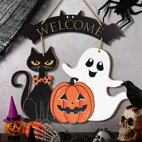Halloween Decorative Wooden Sign with Black Cat, Pumpkin and Ghost - "Welcome" Design for Door Hanging 1