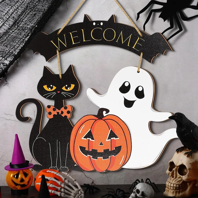 Halloween Decorative Wooden Sign with Black Cat, Pumpkin and Ghost - "Welcome" Design for Door Hanging 1