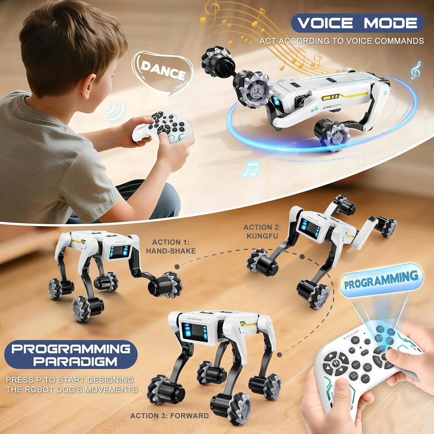 Chien robot RC télécommandé programmable avec effets sonores et tir, vu de dos montrant son panneau de commande et ses capteurs.