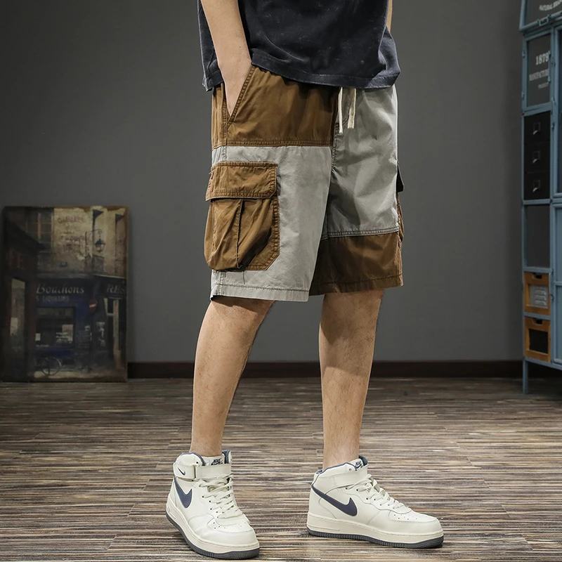 

Summer new patchwork color cargo shorts men's loose large size cotton straight leg five quarter pants American casual pants