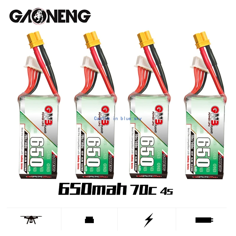 

1-5 шт., литий-полимерный аккумулятор Gaoneng GNB HV, 650 мАч, 14,8 в, Φ 70C/140C со штепсельной вилкой для DYS FPV гоночного дрона, 4 оси, запчасти для РУ дрона