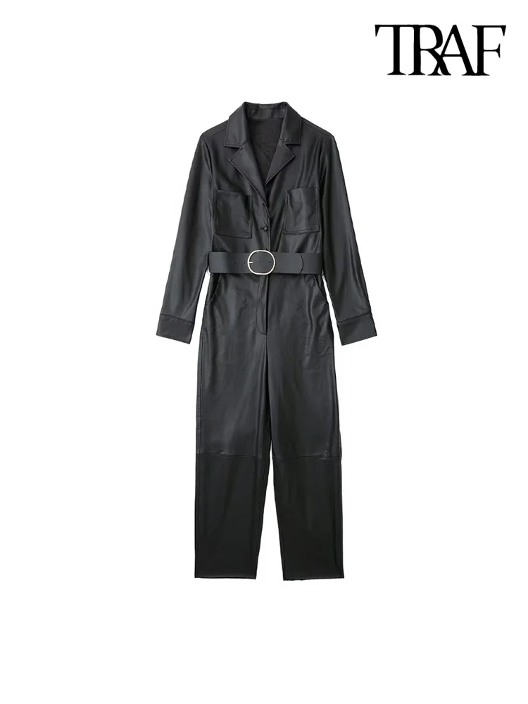 

TRAF Women Fashion With Belt Front Button Faux Leather Jumpsuits Vintage Long Sleeve Patch Pockets Female Playsuits Mujer