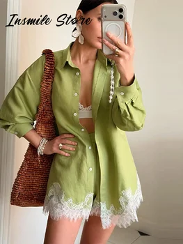 Casual Women's Lace Patchwork Shorts Sets Lapel Single Breasted Full Sleeve Shirts Loose Short Pants 2026 Summer Beach Suits New 1
