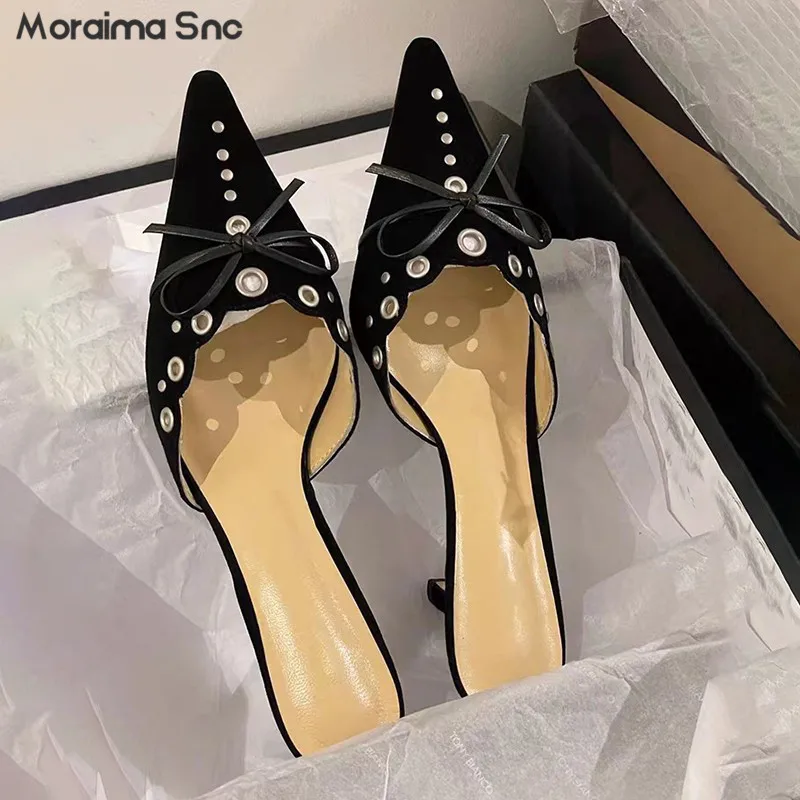 

Black Hollow Suede Bowknot Slippers Temperament Pointy Toe Stiletto Sandals New Fashion Banquet Baotou Half Slippers Mules