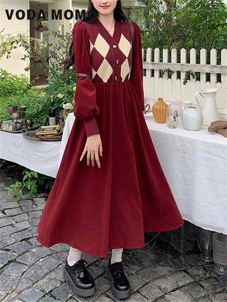 

Women Spring Autumn New Knit Dresses V-neck Woman Clothing Vintage Versatile Harajuku Korean Fashion Long Sleeves Knitted Dress