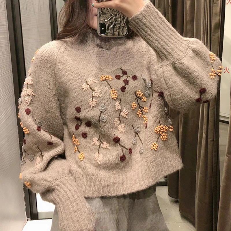 

ROENICK Women Fashion Beading Embroidery Sweaters Female Lantern Sleeve Knitted Cropped Tops Vintage Chic Pullover Jumpers