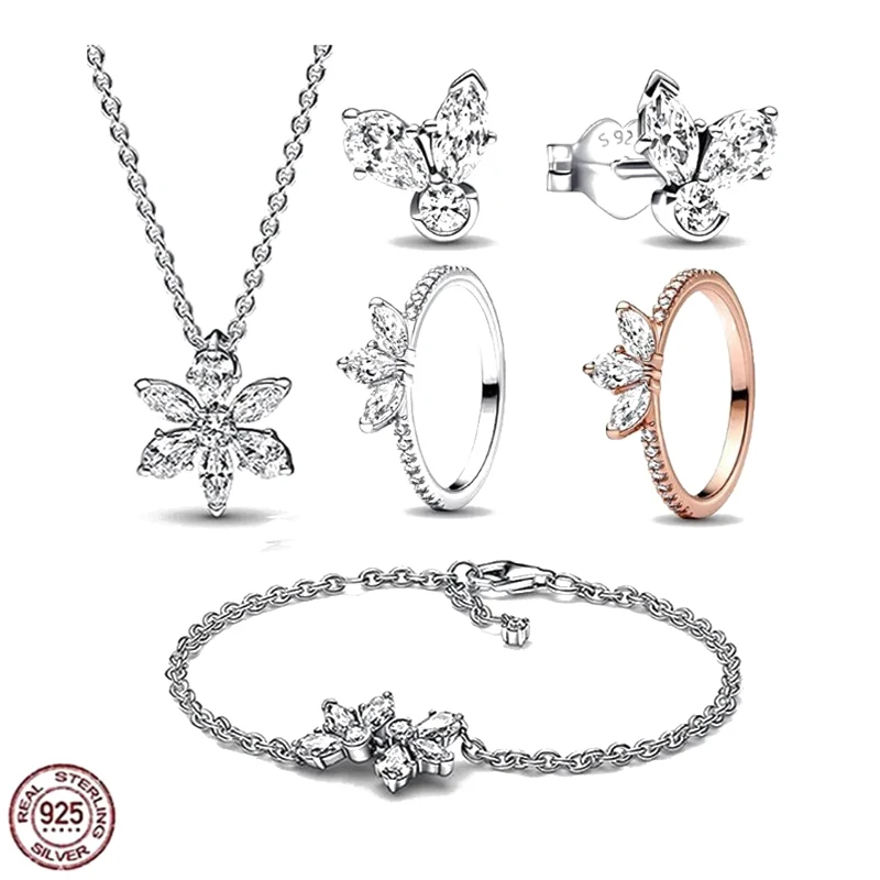 

925 Sterling Silver Women's Charm Jewelry Set Snowflake Necklace Clover Ring as an Anniversary Gift for Friends