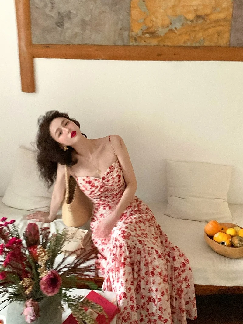 

Wine Noodle French Halo Dye A-line Low Waist Sexy Open Back Strap Long Dress Summer Fragmented Flower Dress Girl
