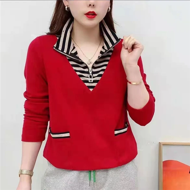 Women Striped Patchwork Casual Streetwear Pockets Half Zipper Sweatshirts Y2K Female Stand Collar Long Sleve Loose Pullover Tops