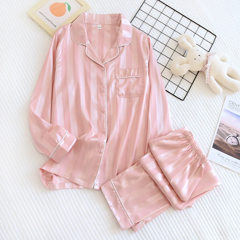 silk pajamas Newest Two-piece Silk Couple Pajamas Set Spring And Summer Long Sleeve Trouser Home Wear For Women Ladies Casual Home Service satin pajama set