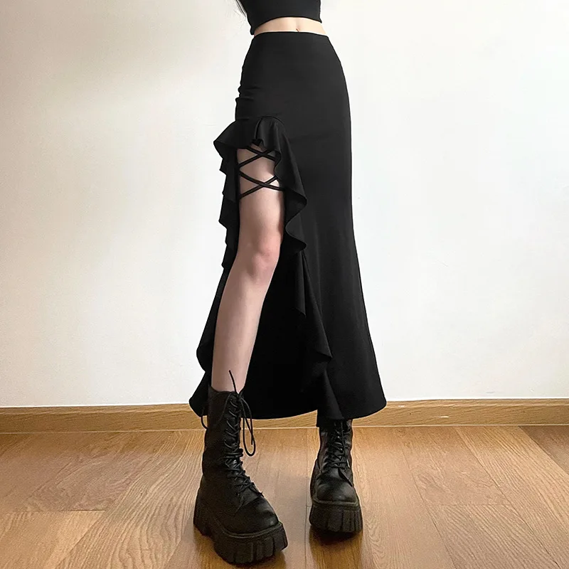 

Sexy Black Split Casual Streetwear Outing Ruffles Split A-Line Skirts Y2K Fashion Women Streetwear Bottoms Women'S Skirt