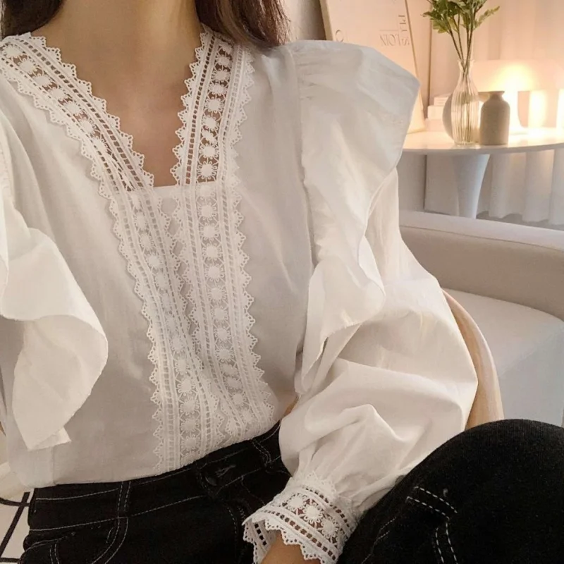 White V Neck Long Sleeve Women Blouse