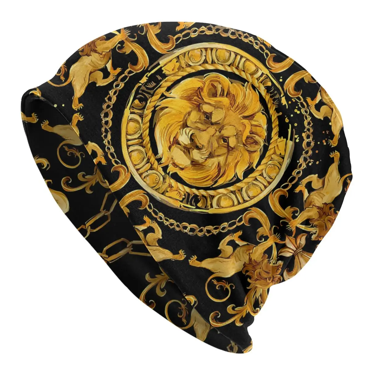 

Golden Lion Damask Black Thin Skullies Beanies Outdoor Caps For Men Women Greek Key Ski Caps Bonnet Hats