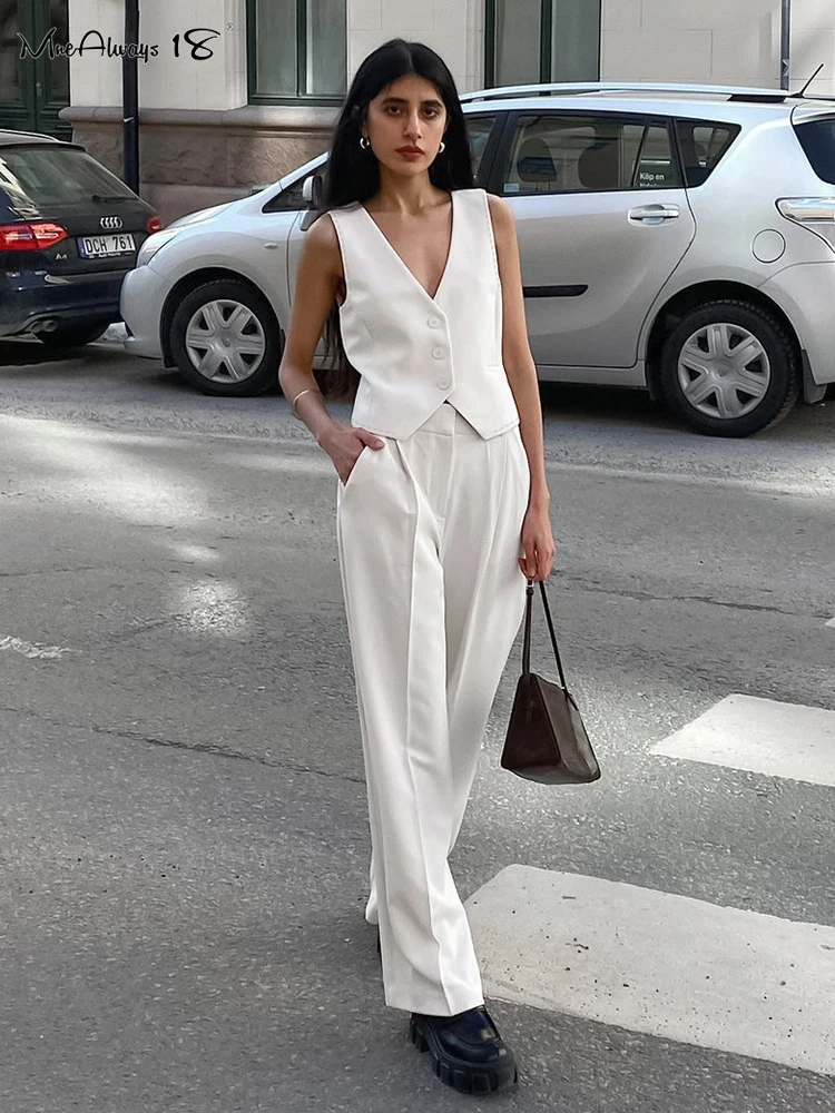 

Mnealways18 White Office Blazers Suits Two Pieces Women Baggy Pants Summer 2024 Vests Tops And Trousers 2-Piece Outfits Ladies