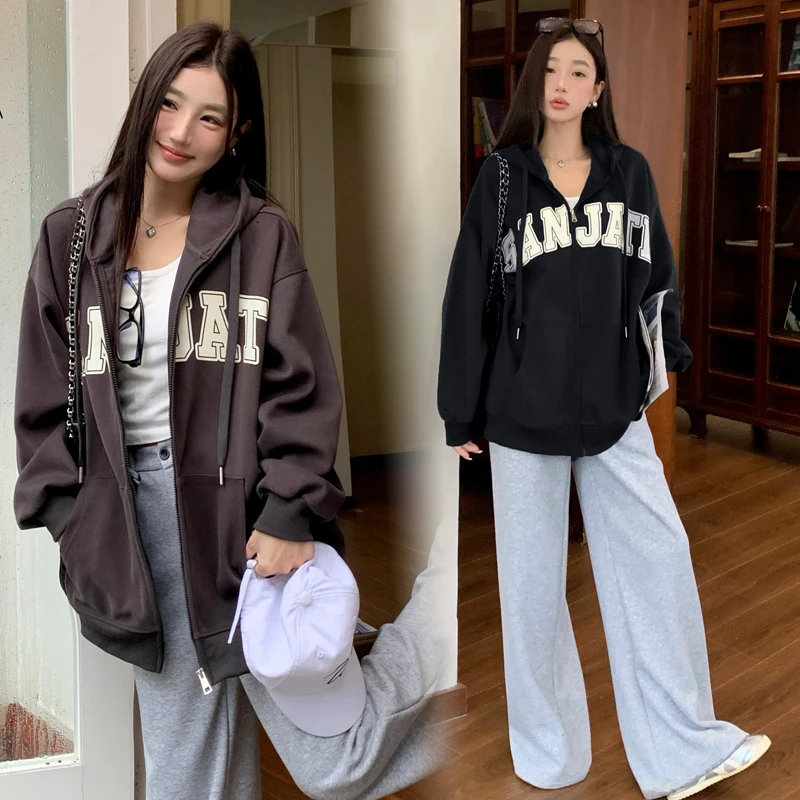 Autumn and Winter Pregnant Women's Cardigans with Hats Letters Casual Loose Oversized Jackets