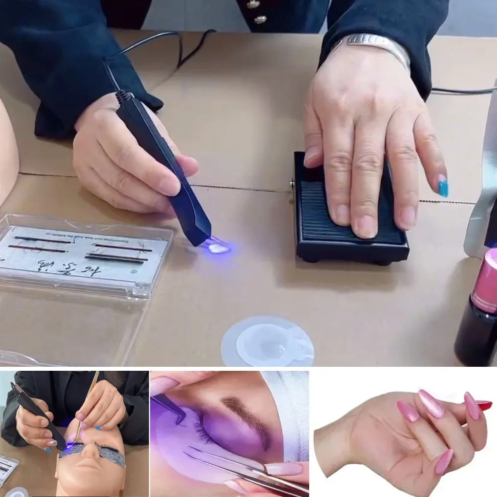 Eyelash Extension Tweezers, Stainless Steel Curved Tip Tweezers Pointed Tip Tweezers with Ultraviolet UV Glue Curing Lamp